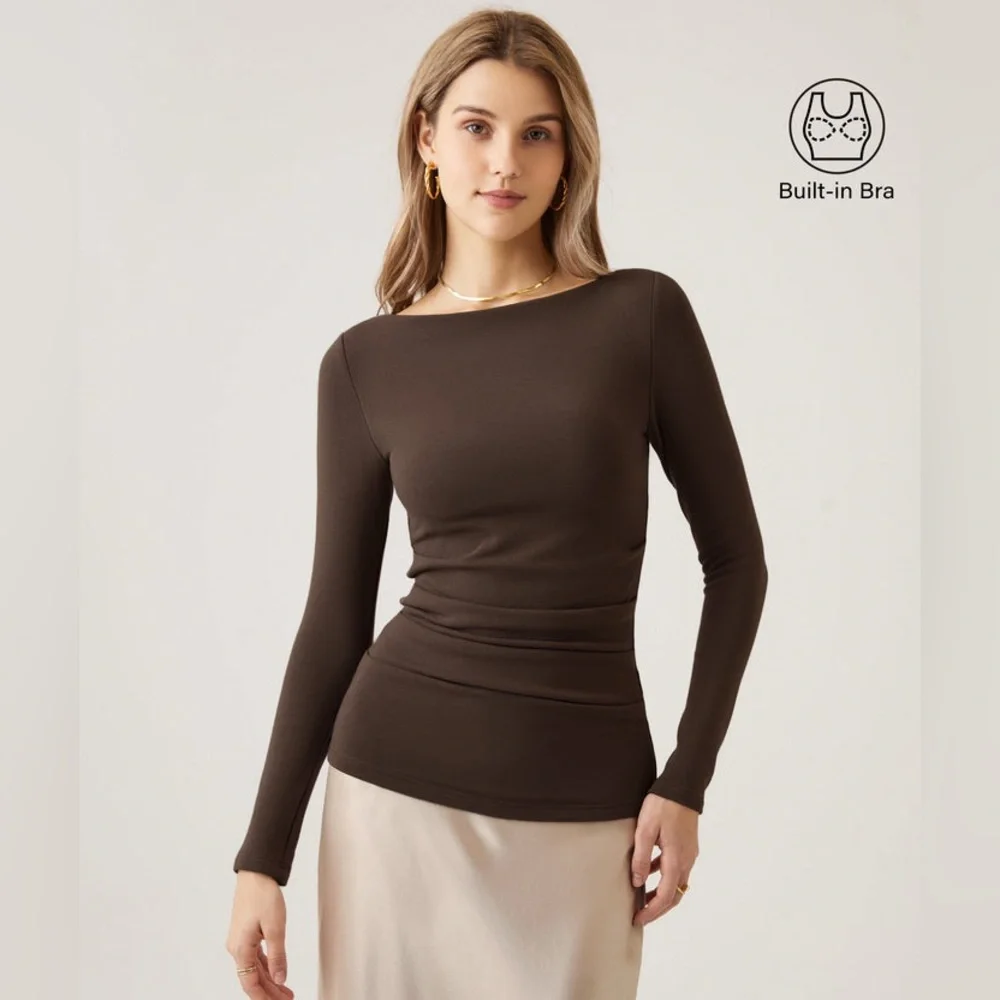 OGL Elegant Brown Long Sleeve Top Mid Thermal
Boatneck Tucks Brami Top 
SZ Small - Picture 2 of 9